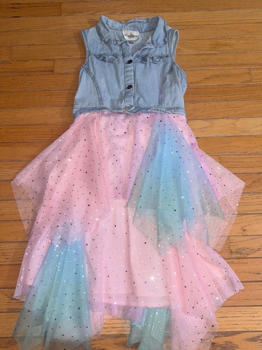 Rare Editions Denim Bodice Pink & Pastel Tulle Sparkle Dress
